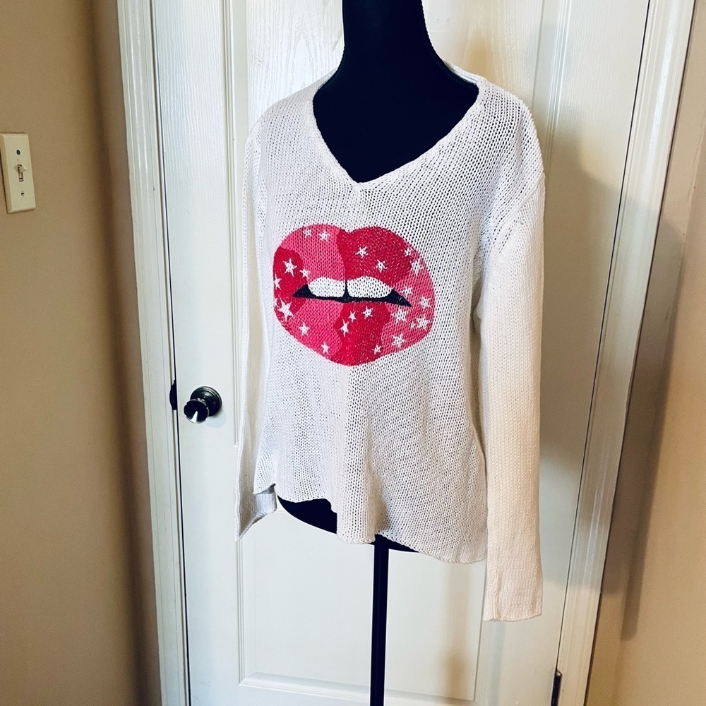 Wooden Ships Open Knit Lips Sweater White Red Size Small/Medium Artsy Punk Retro - Picture 2 of 8